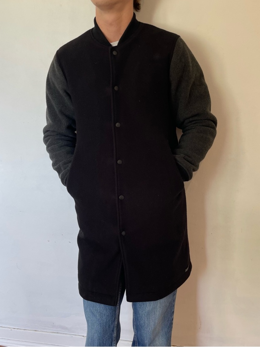 Black Long Bomber Jacket with Dark Gray Sleeves